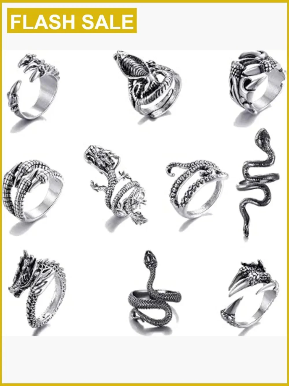 10 Vintage Punk Rings Dragon Snake Octopus Adjustable Open Circle